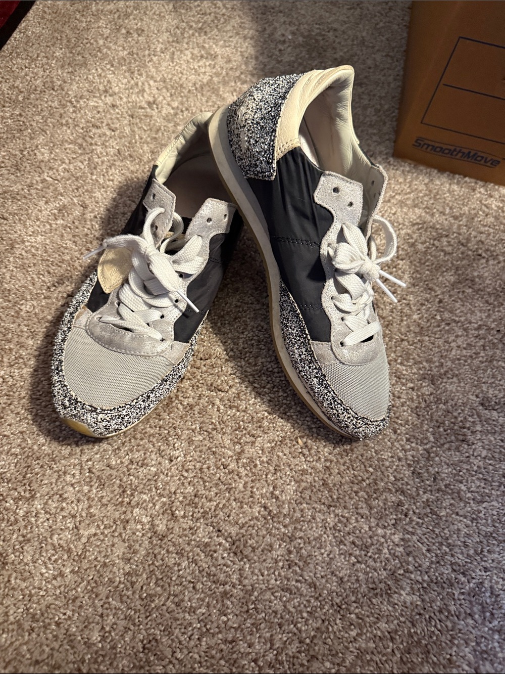 Philippe model Women's Black & White Lace-Up Fashion Sneakers with Glitter Trim